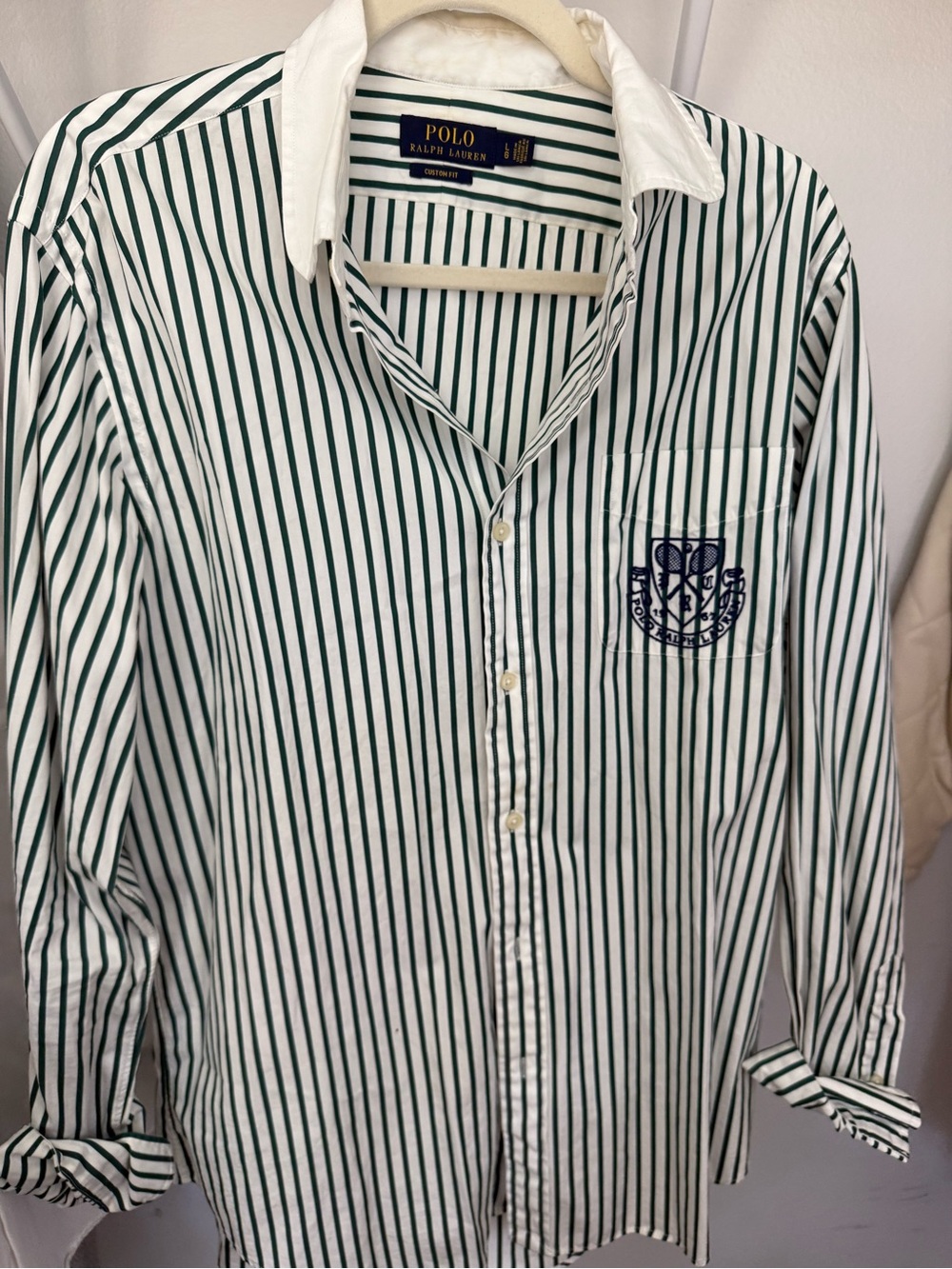 Polo by Ralph Lauren White Shirt with Green Vertical Stripes and Chest Crest